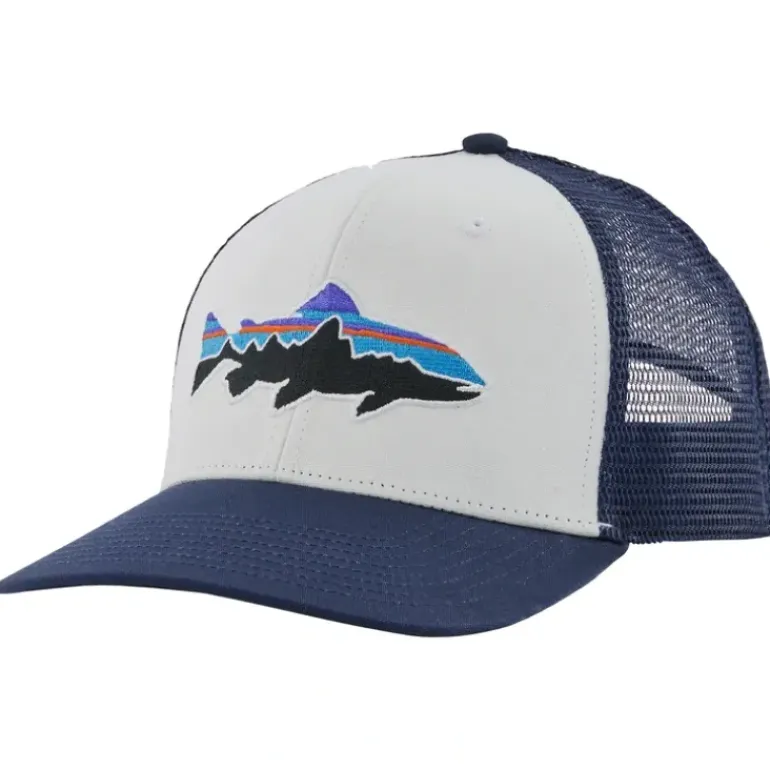 Patagonia Fitz Roy Trout Trucker Hat White w/New Navy - Your Premium Fishing Gear Store Rods Lines Baits Accessories* Shop All