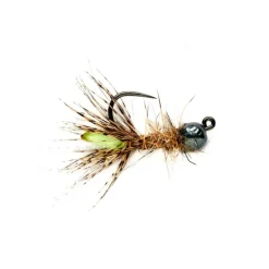 Peeping Caddis Jig Burnt Green Tungsten Beadhead Barbless - Your Premium Fishing Gear Store Rods Lines Baits Accessories* Shop All